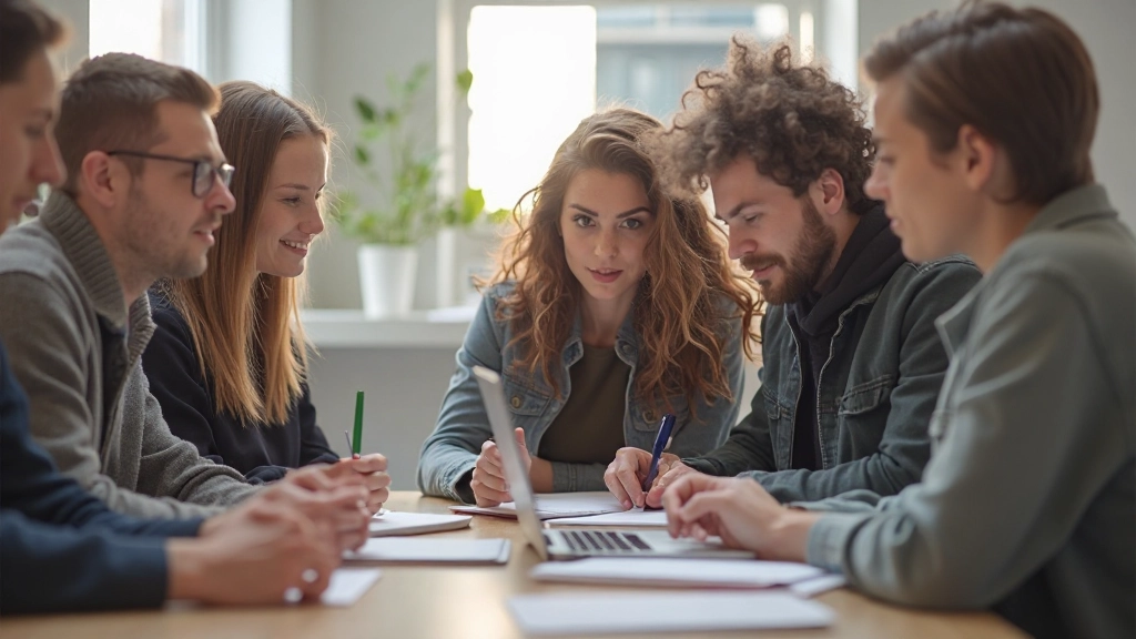 Groep expats die Nederlands samen oefenen in moderne klasruimte