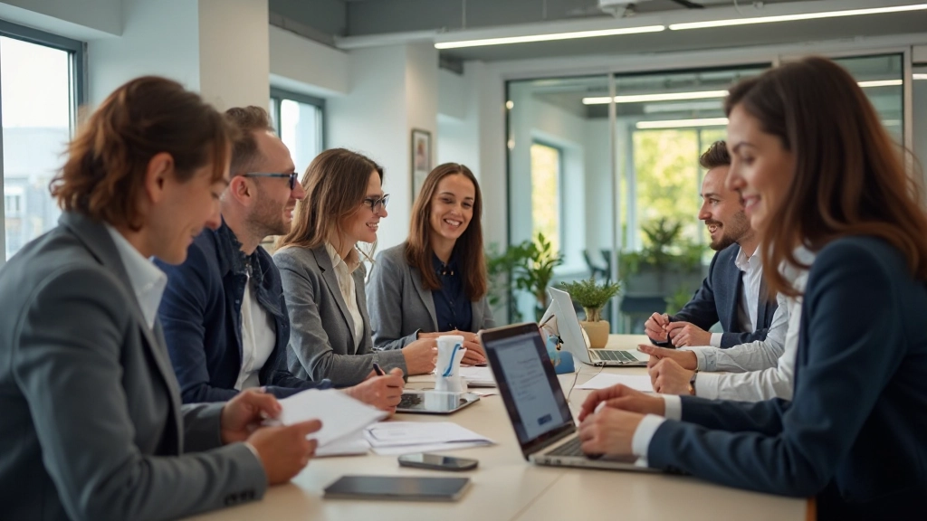 Expat professionals collaborating in modern office environment with diverse team