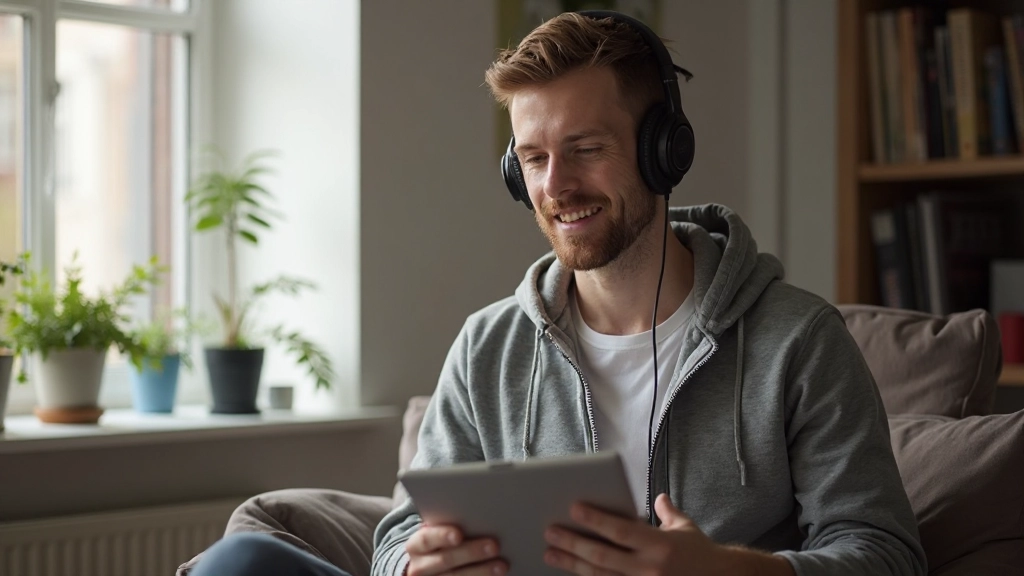 Expat listening to Dutch podcast with headphones while reading along with transcript