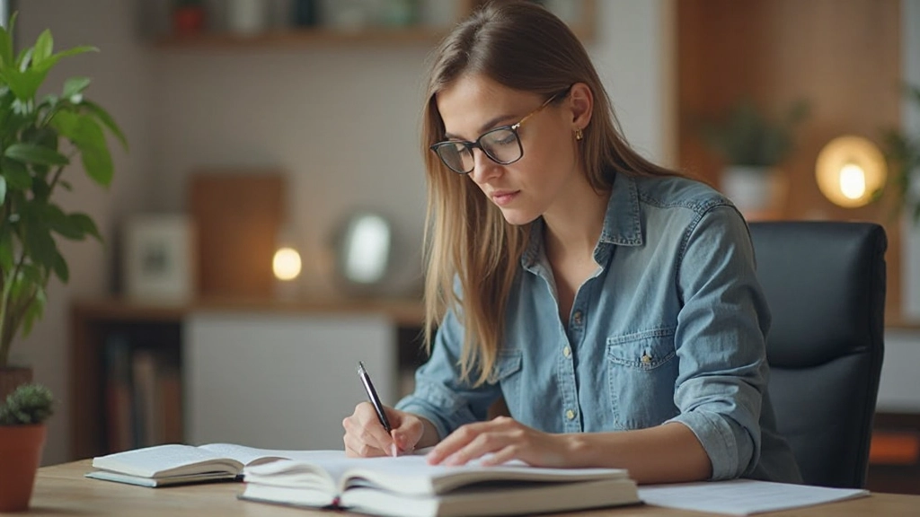 Expat woman studying Dutch language materials in modern Amsterdam apartment
