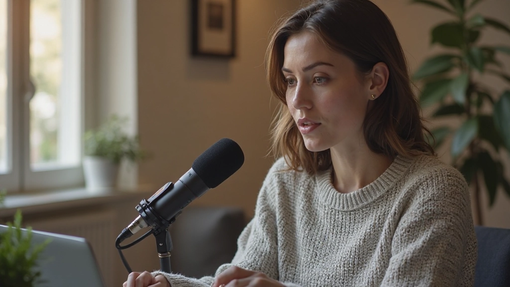 Nederlandse spreker oefent uitspraak met microfoon in modern thuiskantoor