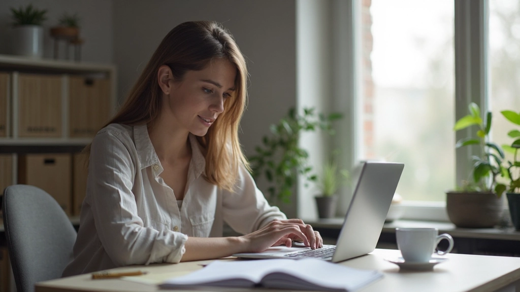 Vrouw aan bureau met laptop, Nederlands studiemateriaal en oefenboeken voor examenvoorbereiding